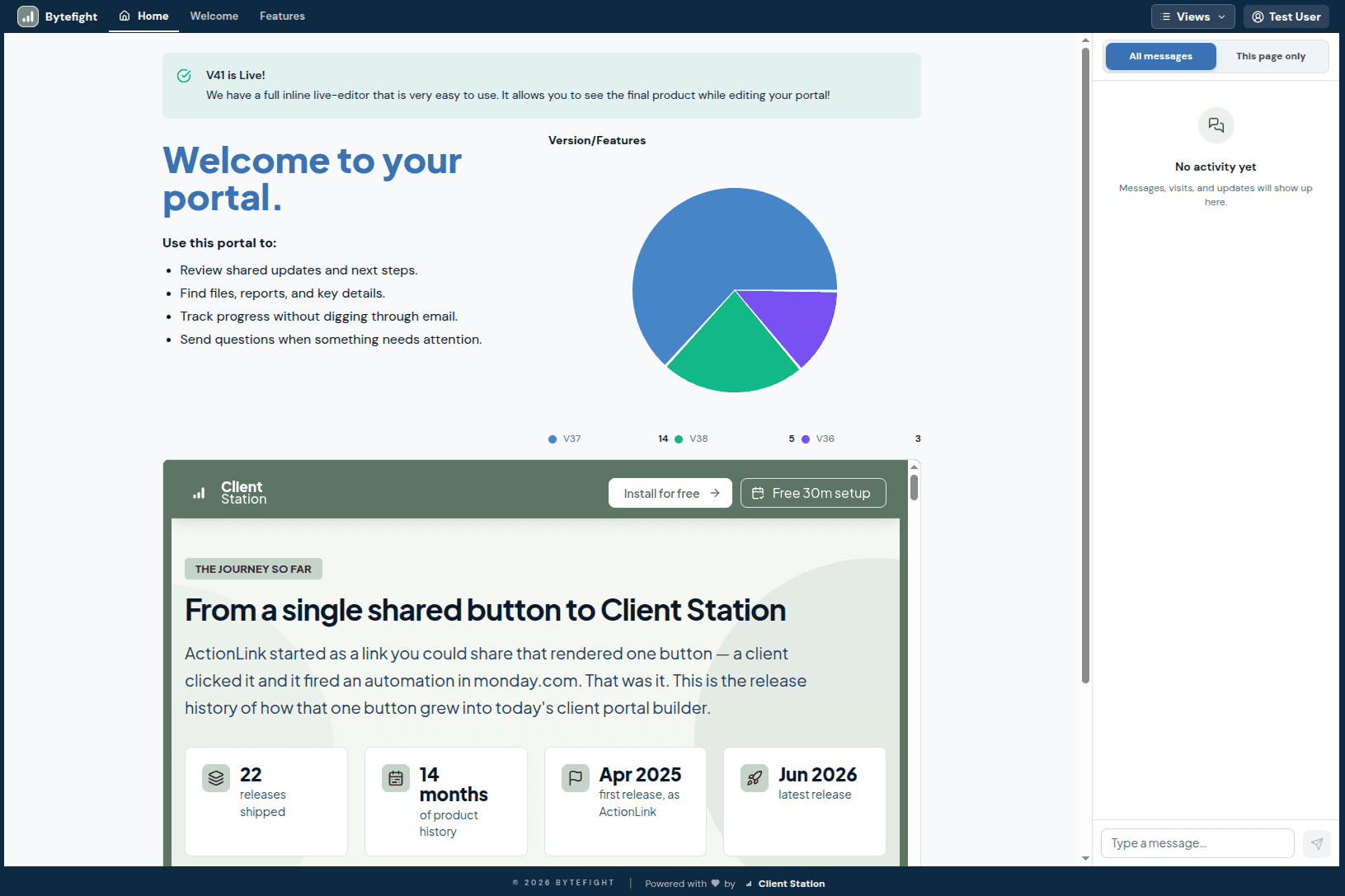 Branded Client Station portal with chart and activity panel